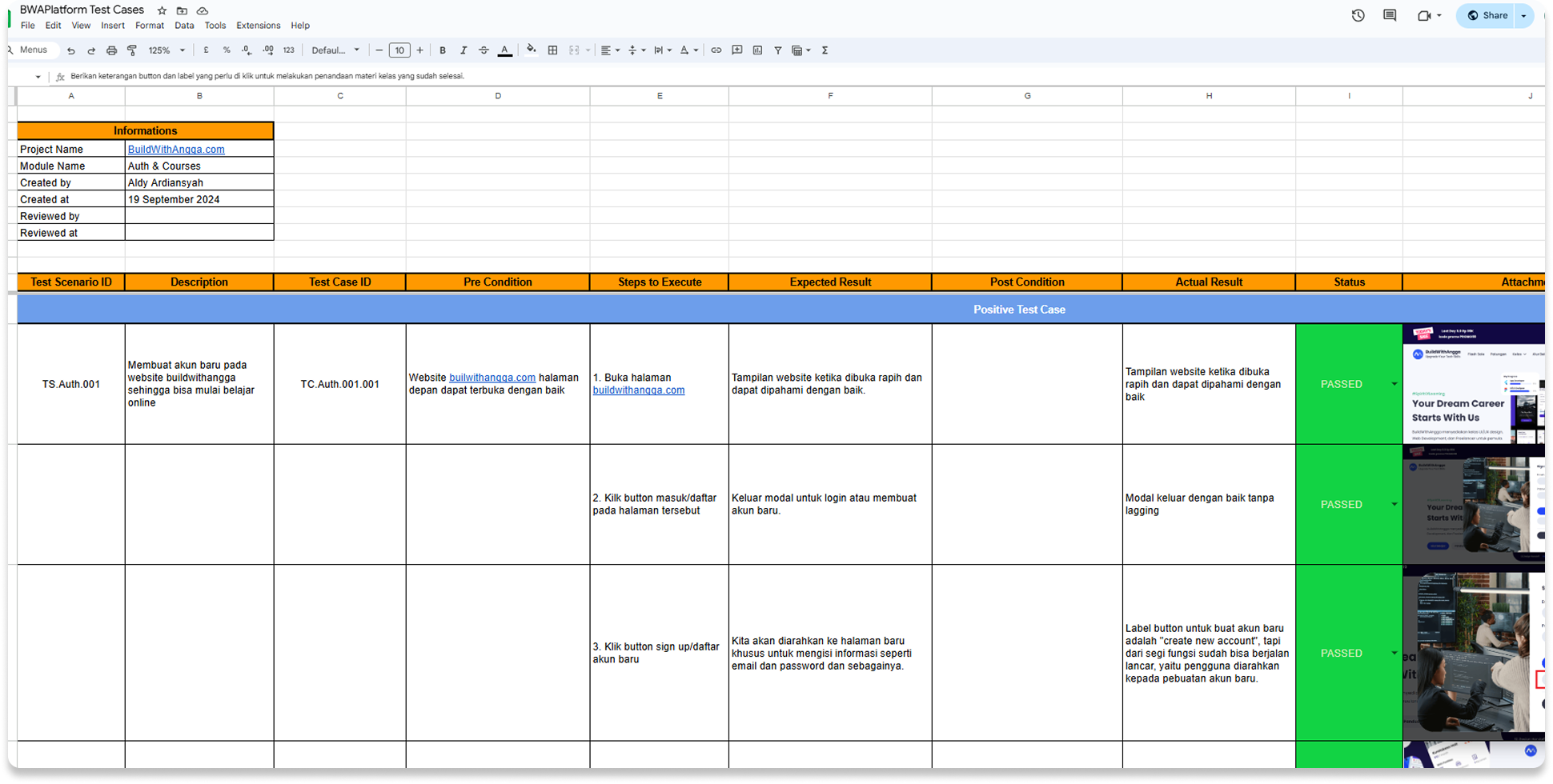 Test Case Spreadsheet